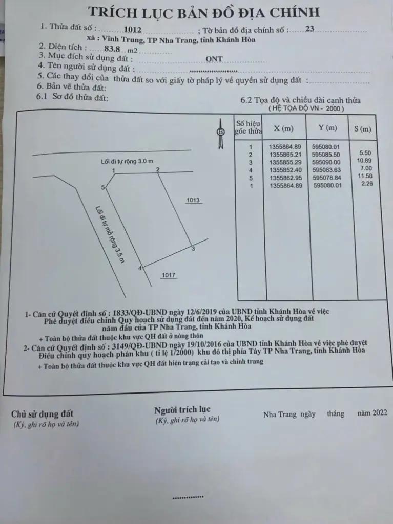 Main-CẦN BÁN GẤP LÔ GÓC 2 MẶT TIỀN - VĨNH TRUNG, NHA TRANG  • Vị trí: Võ Dõng, Vĩnh Trung  • Diện tích: 83.8m2  • Đường ô tô vào tận nơi, rộng 3.5m  • Lô góc thoáng đẹp, xây dựng tự do  • Khu dân cư hiện hữu, yên tĩnh, gần chợ, trường học-2