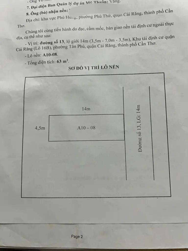Bán nền 63m2 đường 13 KDC Tân Phú - Cái Răng - Cần Thơ