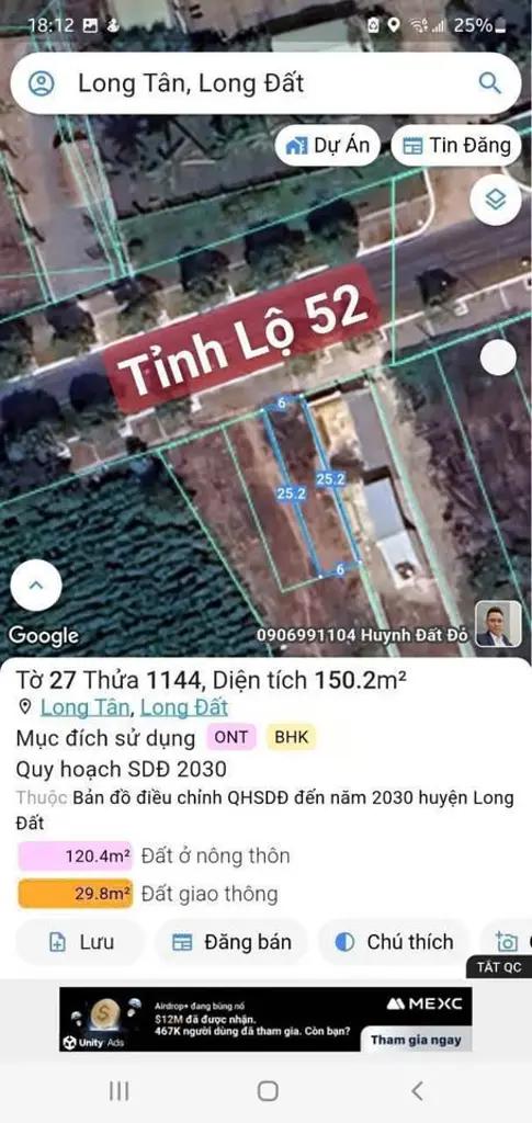 Mặt tiền tỉnh lộ 52 - Long Tân- Ngang 6m - Chỉ 1 tỉ 900 triệu
