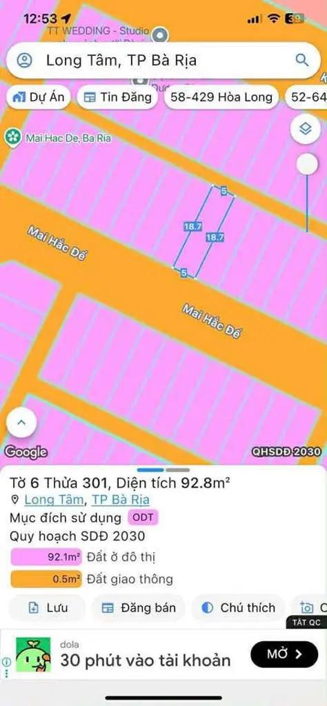 Main-Bán Lô Đất MT Mai Hắc Đế P.Long Tâm, Bà Rịa ( P.Tam Long HCM) 92.8m2 Full Thổ Cư Không Lỗi Phong Thuỷ-2