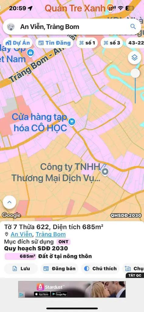 Lô Đất 685 m2 Mặt Tiền Đường Nhựa Đẹp - Xã An Viễn - Trảng Bom