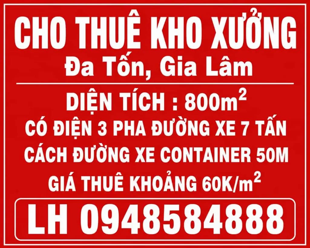 Cho thuê kho, xưởng MBKD 800m2 Đa Tốn, Gia Lâm có điện 3 pha đường xe tải 7 tấn