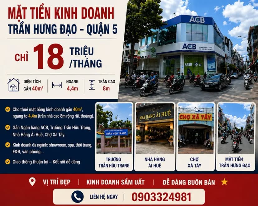 CHO THUÊ MẶT BẰNG KINH DOANH NGANG 4,2M TRẦN HƯNG ĐẠO Q.5