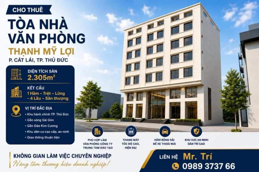 Cho thuê toà nhà VIP Thạnh Mỹ Lợi với diện tích 2.305m2 có thang máy, PCCC (0989373766)
