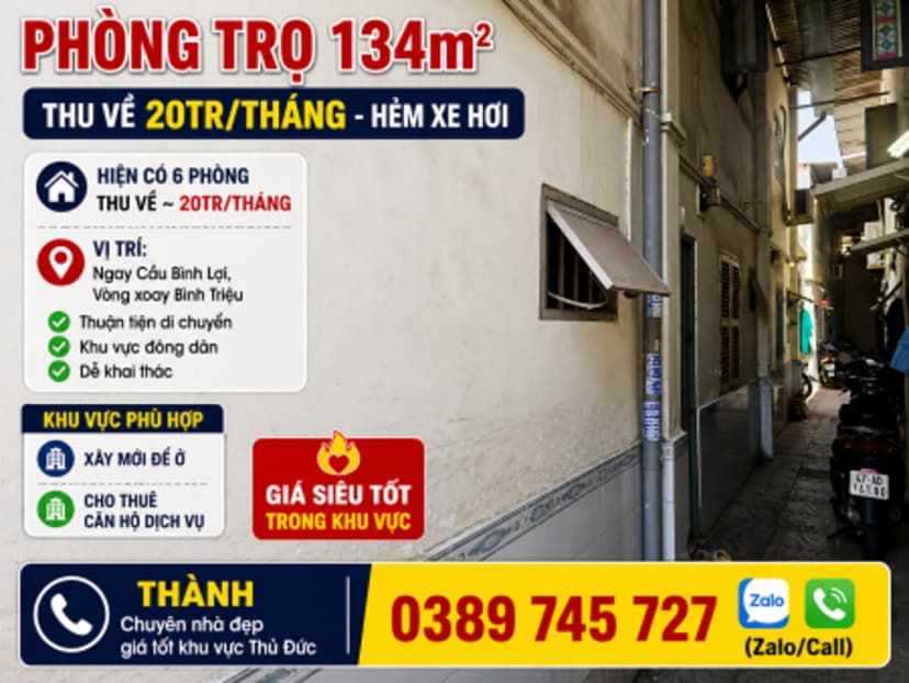 Bán khu phòng trọ 134m2 - Thu về 20tr/tháng - HẺM XE HƠI - ĐÃ CÓ SỔ, HOÀN CÔNG
