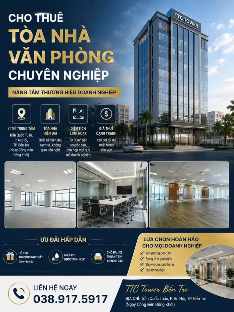 Cho thuê văn phòng tại tòa nhà ngay trung tâm-Khẳng định thương hiệu tại TP Bến Tre
