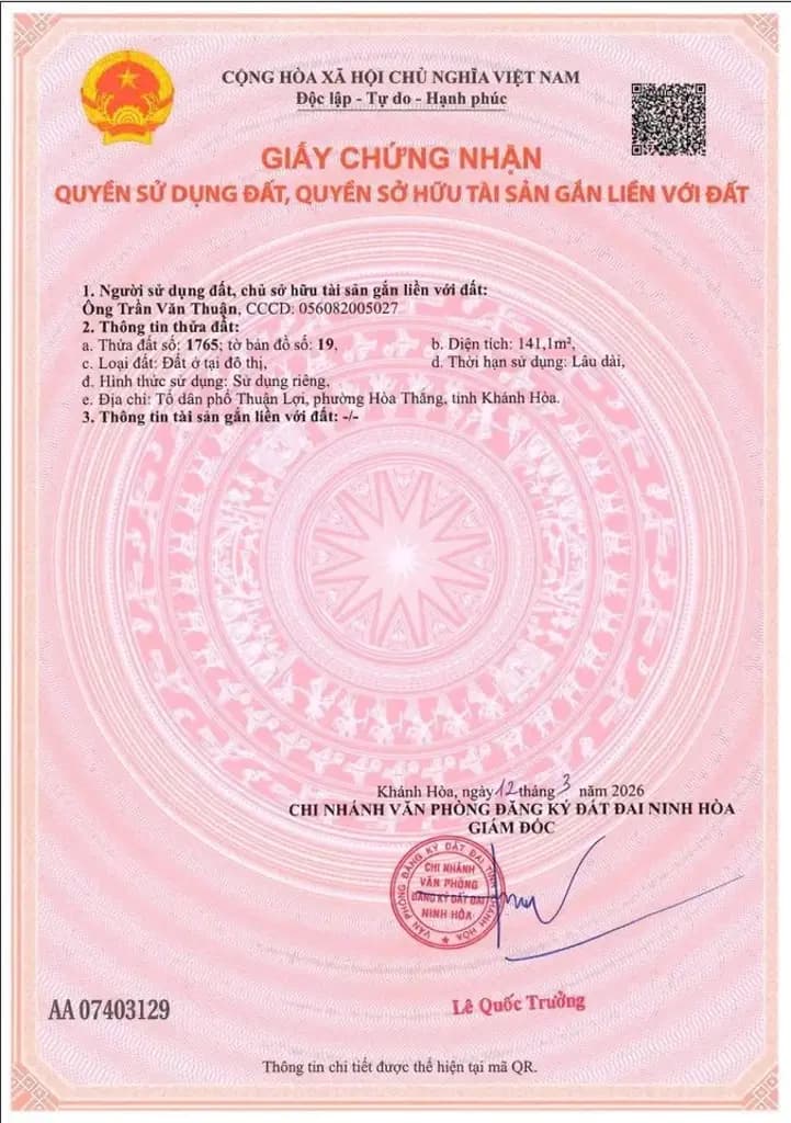 Bán Đất 141.1m2 có sẵn 141.1 m2 thổ cư giá 860 triệu tại Đường Lý Tự Trọng Phường Ninh Hà Thị xã Ninh Hòa Khánh Hòa