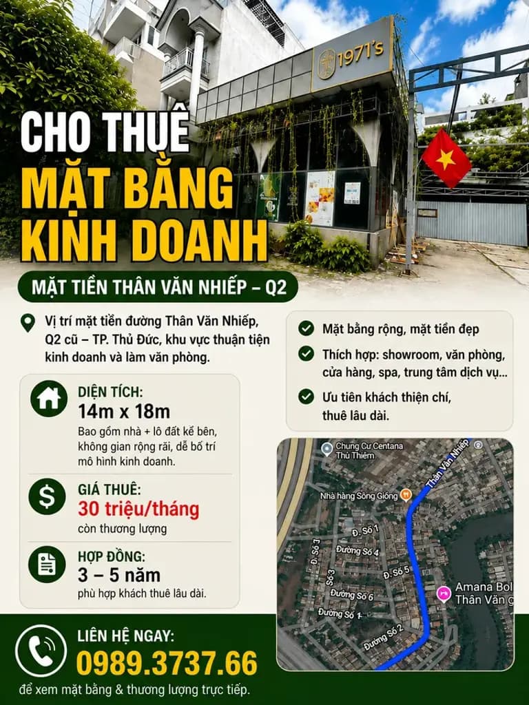 Cho thuê mặt bằng kinh doanh đường Thân Văn Nhiếp Q2, diện tích 14x18m thích hợp kinh doanh (0989373766)