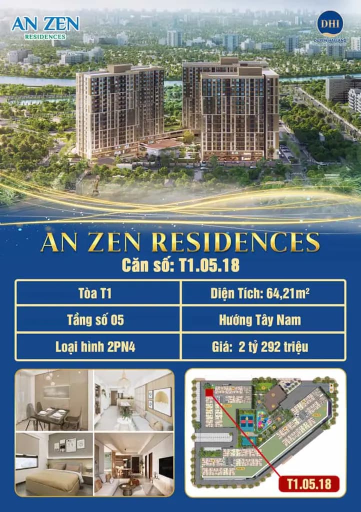 CĂN 2PN AN ZEN RESIDENCES – 64,21M² – THIẾT KẾ HIỆN ĐẠI,GIÁ 2,2 TỈ
