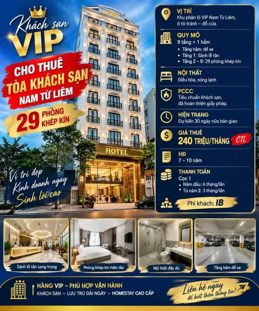 CHO THUÊ TÒA KHÁCH SẠN VIP NAM TỪ LIÊM – 29 PHÒNG KHÉP KÍN