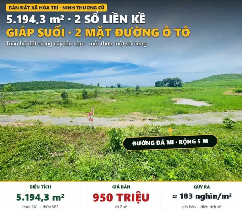 BÁN ĐẤT NINH HÒA DƯỚI 1 TỶ – 5.194,3M², 2 SỔ RIÊNG, GIÁP SUỐI – TỔNG GIÁ 950 TRIỆU.
