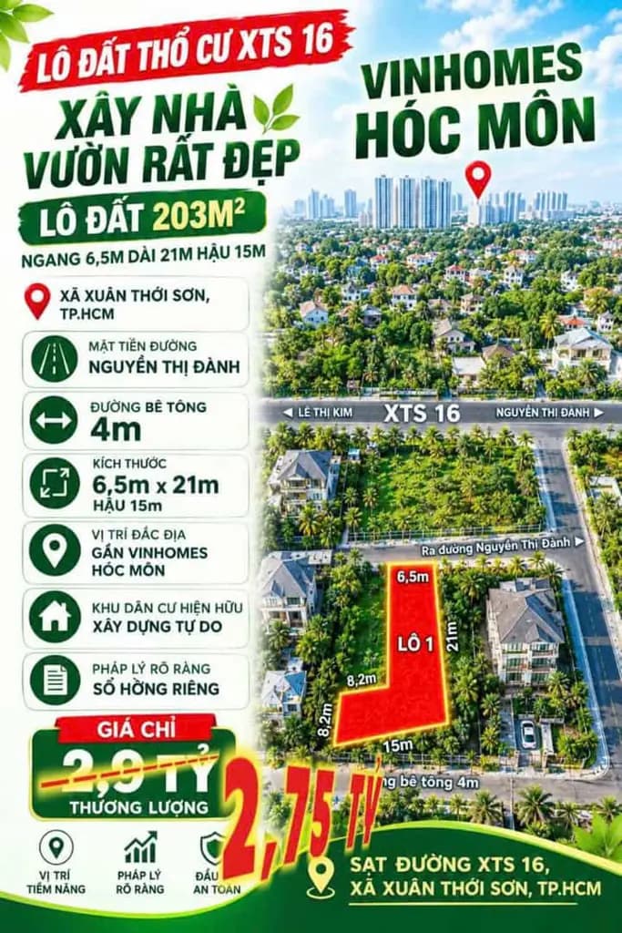 Main-Cần bán lô đất 203m2 sát Xuân Thới Sơn 16, KT6,5x23m hậu 15m, hẻm 4m, giá 2,75 Tỷ-0