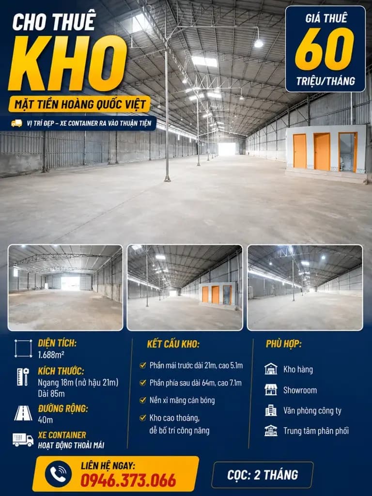 KHO MẶT TIỀN HOÀNG QUỐC VIỆT 1.688M² NỞ HẬU: ĐƯỜNG 40M, GIÁ THUÊ 60 TRIỆU/THÁNG