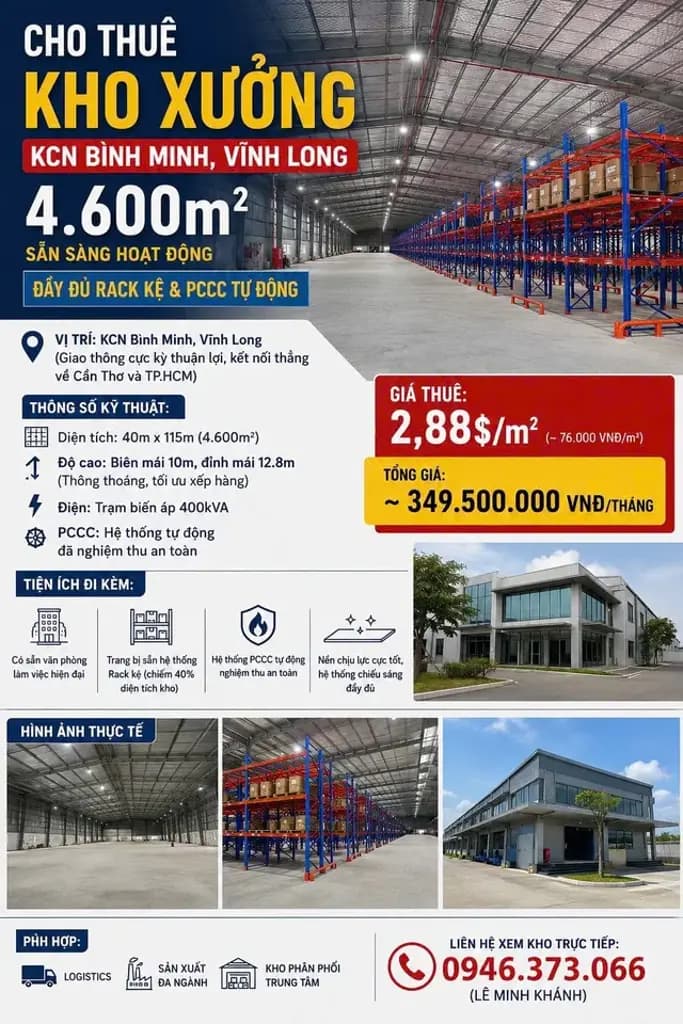 KHO KCN BÌNH MINH VĨNH LONG 4.600M²: SẴN HỆ THỐNG KỆ RACK – PCCC TỰ ĐỘNG – ĐIỆN 400KVA