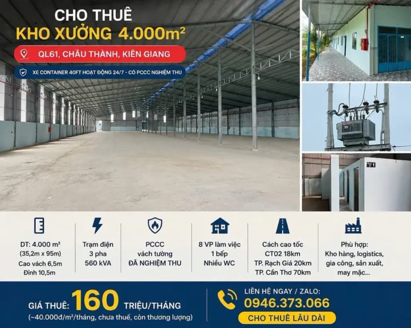 SIÊU KHO XƯỞNG QL61 KIÊN GIANG 4.000M² – ĐIỆN 560KVA – PCCC NGHIỆM THU CHUẨN!