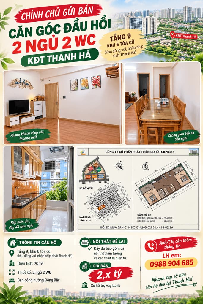Chính Chủ Gửi Bán Căn Góc Đầu Hồi 2 Ngủ 2 Wc  KĐT Thanh Hà