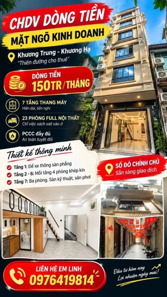 CHDV – KHƯƠNG HẠ | 7 TẦNG THANG MÁY | 23 PHÒNG FULL NỘI THẤT | DÒNG TIỀN 150TR/THÁNG