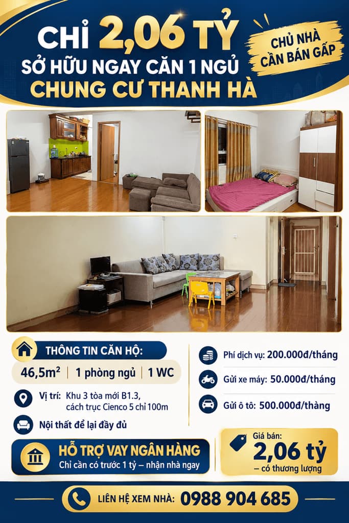 Chỉ 2,06 Tỷ – Sở Hữu Ngay Căn 1 Ngủ Tòa Mới Chung Cư Thanh Hà
