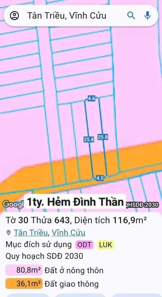 Main-Bán Đất 117m2 có sẵn 81m2 thổ cư giá 1 tỷ tại phường Tân Triều, gần khu Lavender City-2
