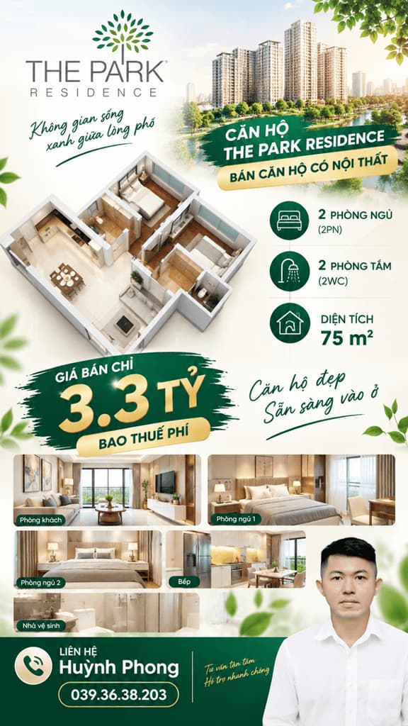 61m2 - Giá 2.75 tỷ bao thuế phí - 2PN1WC The Park Residence