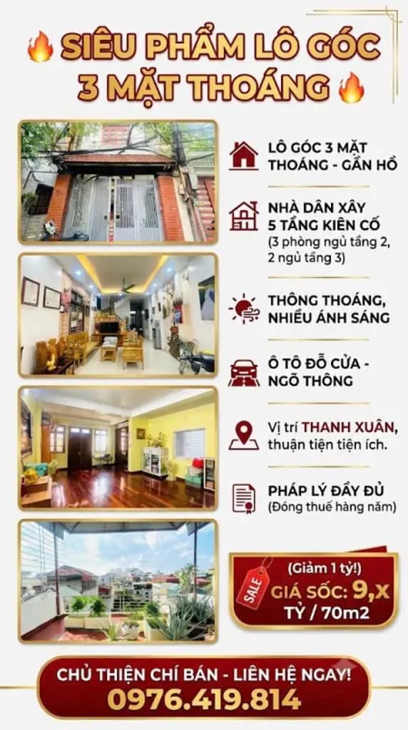 HẠ GIÁ 1 TỶ — 9,X TỶ • LÔ GÓC 70M² 3 MẶT THOÁNG • THANH XUÂN