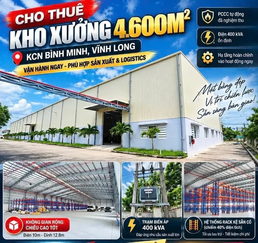 🔥 XƯỞNG VIP KCN BÌNH MINH 4.600M² CHỈ VỚI 73 TRIỆU – PCCC TỰ ĐỘNG, VÀO LÀM NGAY! 🔥