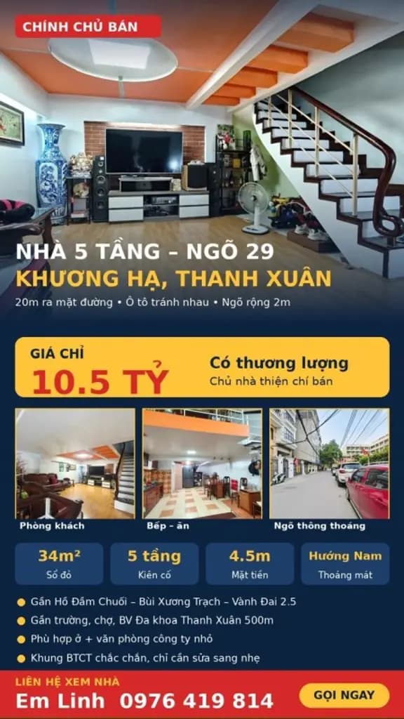 Main-10,5 TỶ — NGÕ 29 KHƯƠNG HẠ THANH XUÂN • 34M² • 5 TẦNG • Ô TÔ TRÁNH • 20M RA ĐƯỜNG CHÍNH-0