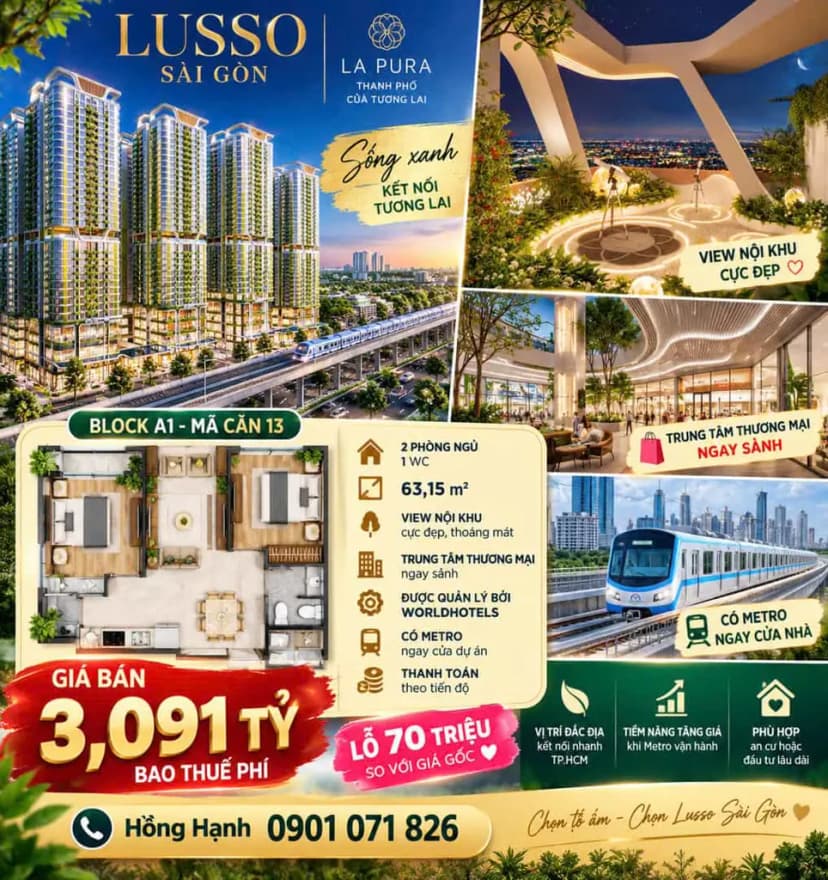BÁN CĂN HỘ LUSSO SAIGON A1 – LA PURA – PHƯỜNG BÌNH HÒA – 63,15M² – 2PN – 3,091 TỶ