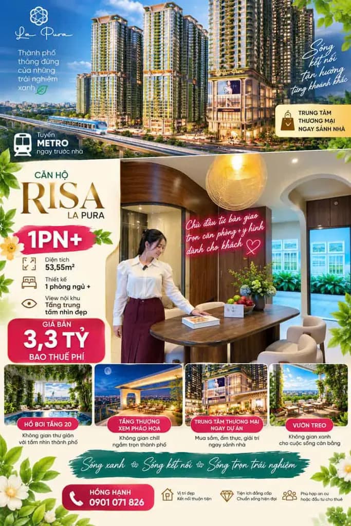 BÁN CĂN HỘ RISA LA PURA – PHƯỜNG BÌNH HÒA – 53,55M² – 1PN+ – VIEW NỘI KHU – 3,3 TỶ