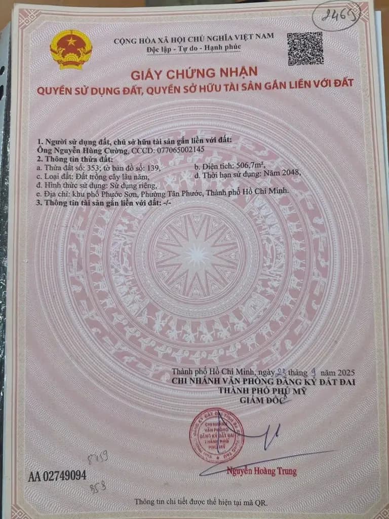 Bán Đất 506.7m2 có sẵn 120 m2 thổ cư giá 3.85 tỷ tại Đường Hùng Vương - Chọn - Phường Tân Phước TP. Hồ Chí Minh