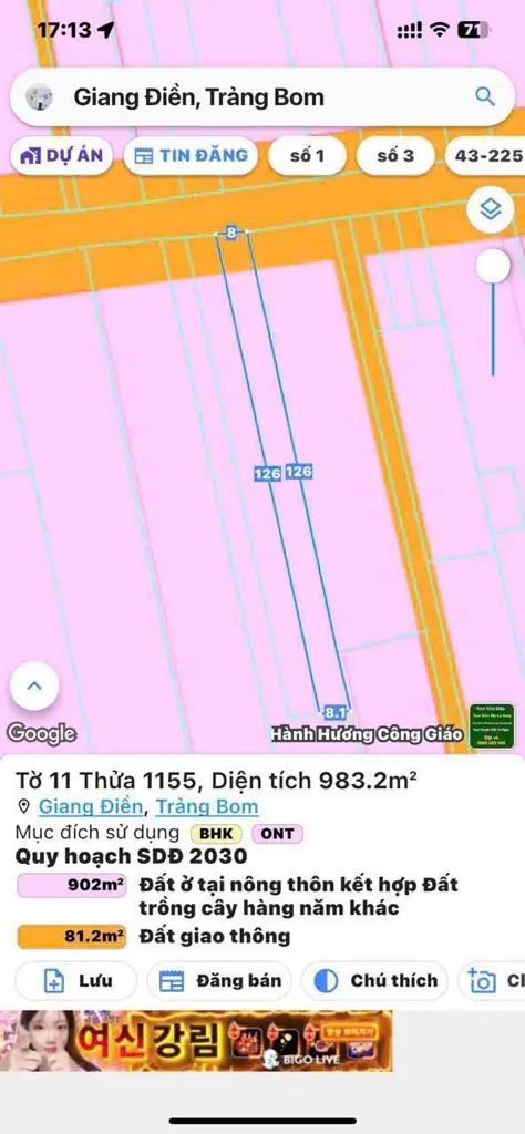 1 Sào Đất Mặt Tiền Chính Phước Tân - Giang Điền - Trảng Bom - ĐN
