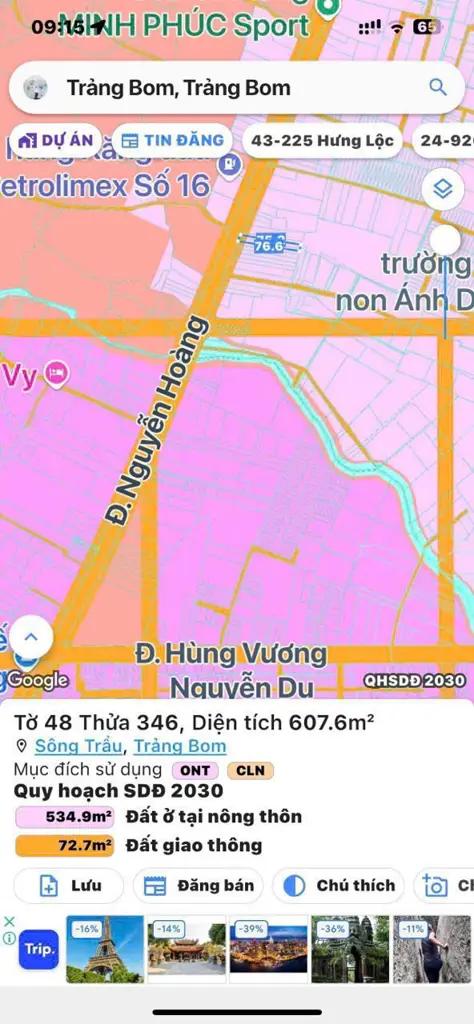 Lô Đất 607 m2 Xã Sông Trầu Mặt Tiền KD Buôn Bán Nguyễn Hoàng sát vách TT trảng bom - ĐN