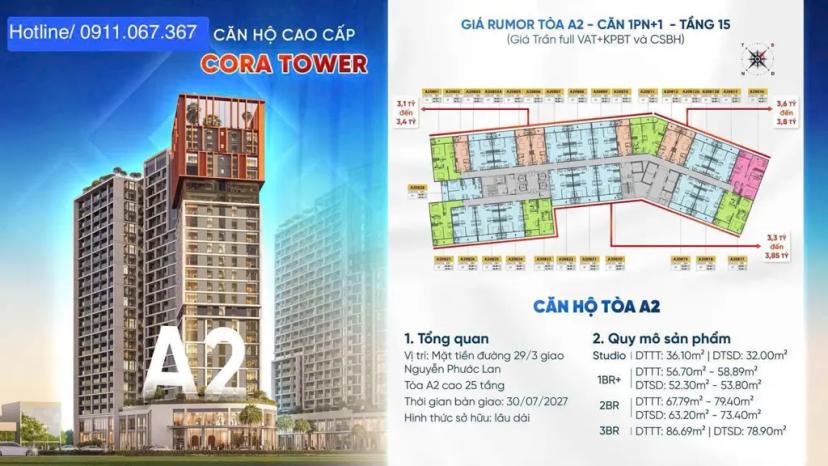 Căn hộ chung cư 64m2, 2PN, dự án CORA Tower Đà Nẵng