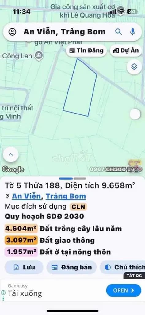 Bán Đất 9658m2 giá 20 tỷ tại ấp 4, xã An Viễn, thành phố Đồng Nai.