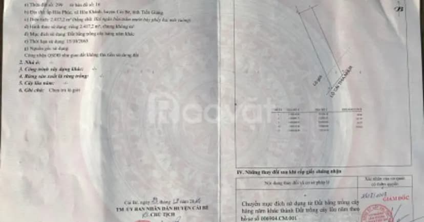 Cho thuê đất mặt tiền lâu dài tại ấp hoà phúc, xã hoà khánh, cái bè