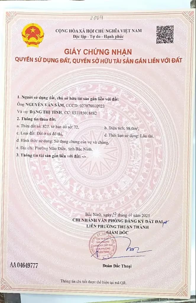 Bán Đất 98m2 có sẵn 98 m2 thổ cư giá 2.7 tỷ tại Xã An Bình Huyện Thuận Thành Bắc Ninh