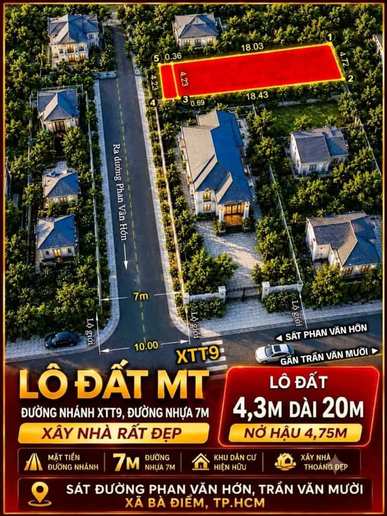 Main-Cần bán lô đất hẻm xe tải, 1/ đường Xuân Thới Thượng 9, xã Bà Điểm. 4,2x19m hậu 4,7m, Giá 3,2 Tỷ-0