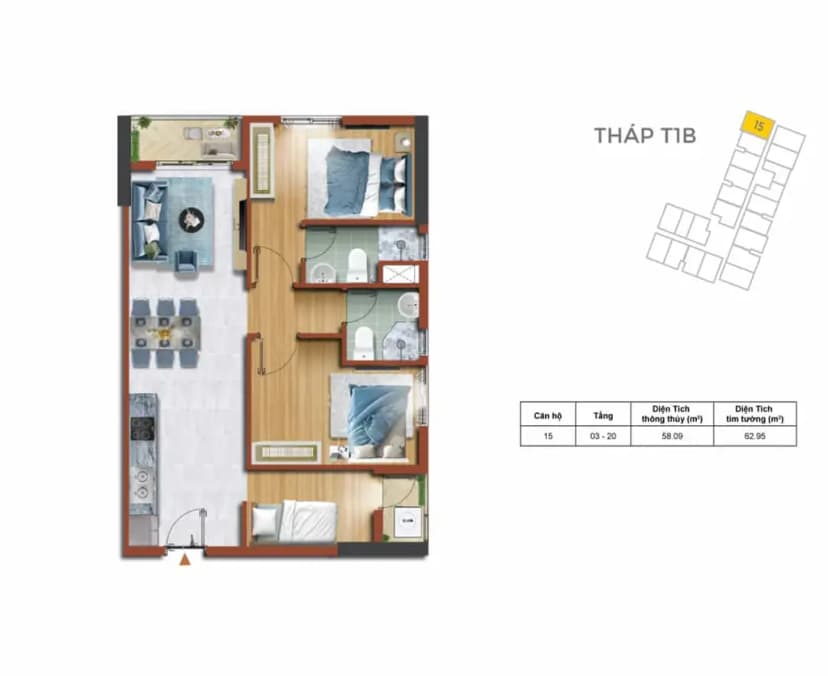 HOT Căn hộ 2PN+ 2WC 63m² giá 1,9 tỷ – View trọn 2 hồ bơi, tầng đẹp tại dự án Destino Centro