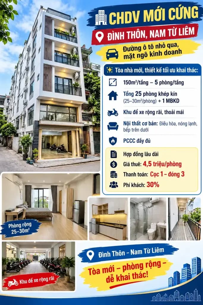 🏢 CHO THUÊ TOÀ CHDV MỚI CỨNG – ĐÌNH THÔN, NAM TỪ LIÊM - ĐƯỜNG Ô TÔ KINH DOANH.