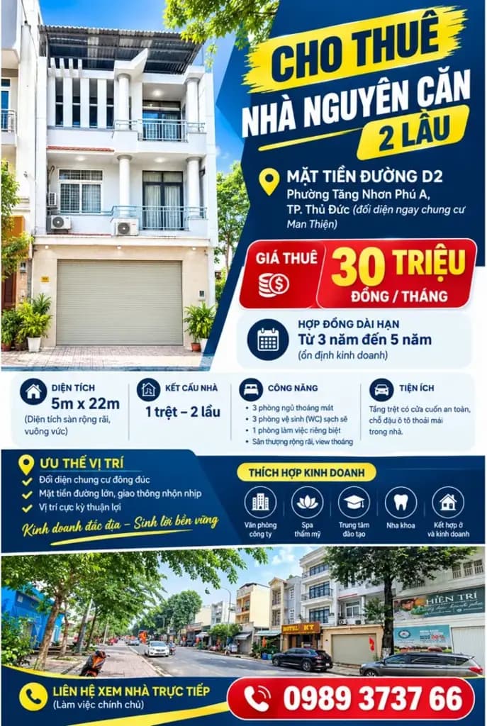 (30 triệu) Chủ gửi căn nhà mặt tiền 1 trệt 2 lầu đường D2 Tăng Nhơn Phú A, diện tích 5x22m, thích hợp kinh doanh đa ngành nghề, đường lộ lớn, khu dân cư đông đúc (0989373766)