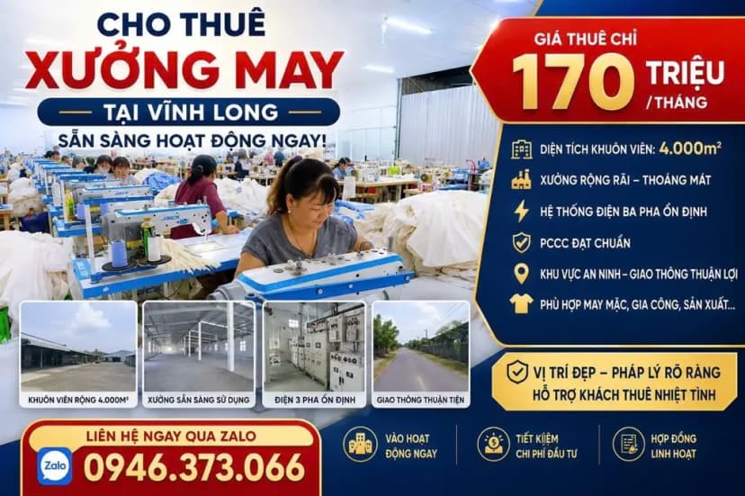 XƯỞNG MAY 4.000M² VĨNH LONG ĐÃ HOÀN CÔNG: PCCC TỰ ĐỘNG, CÓ THỂ MỞ RỘNG THÊM 3.000M²