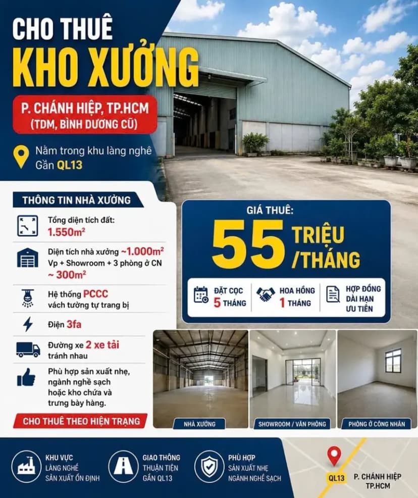 Cho thuê Kho, nhà xưởng 1000m2 giá 55 triệu tại Đường Lê Văn Tách Phường Tương Bình Hiệp Thành phố Thủ Dầu Một Bình Dương