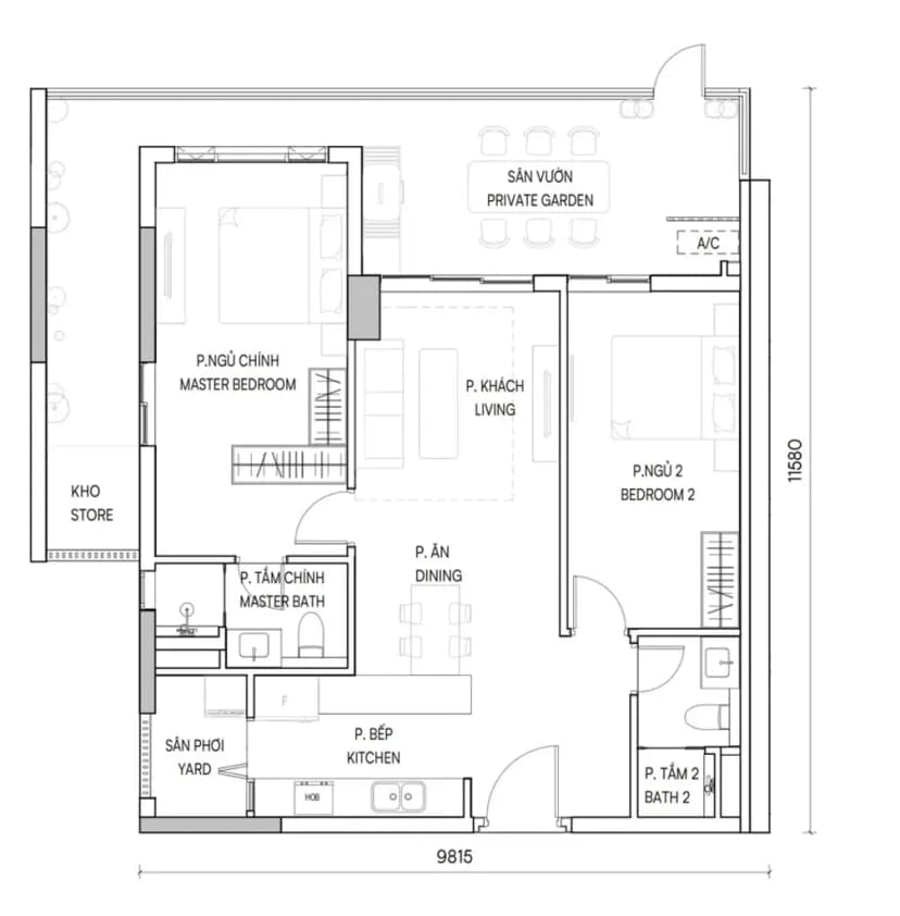 Cho thuê Căn hộ Orchard Hill TP Mới Bình Dương. 2PN sân vườn rộng 122m2 ngay hồ bơi